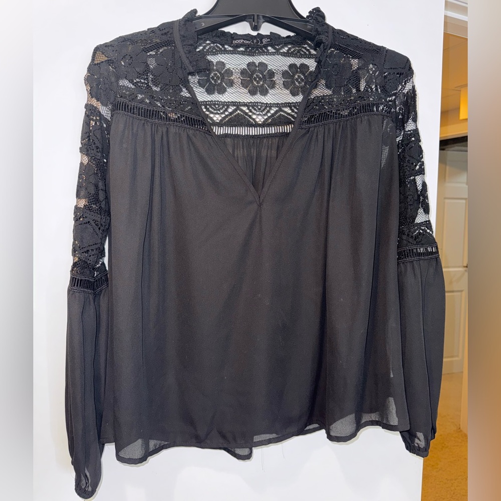 Boohoo Black Lace Detail Blouse